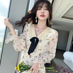 LIZAKOSHT - French Small Fresh Sweet Chiffon Print Dresses Women Spring Summer Flare Sleeve Fashion Peter Pan Collar Dress Female High Waist