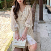 LIZAKOSHT - Print Floral Women Dresses Lantern Sleeve V Neck Ruffles Vestidos Mujer Korean Fashion Sweet Elegant Mini Dress
