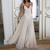 LIZAKOSHT - Fashion Women V Neck Solid Mesh Evening Dress Sexy Hollow Sleeveless Pleated Suspender Dress Summer Vacation Swing Long Dresses