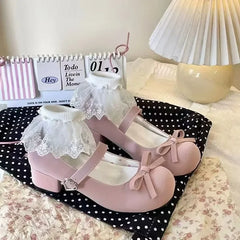 LIZAKOSHT - New Spring Summer Thick Heel Pink Shoes Elegant Bow Lolita Shoes College Girls High Heels Fashion Women Sandals