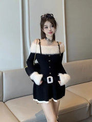 LIZAKOSHT - Women Knitted Mini Dress Autumn Hottie Slash Neck Patchwork Fashion Camisole Dresses Off Shoulder Belt Button Casual Vestidos