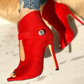 LIZAKOSHT - Suede Stiletto Heels Peep Toe Women Sandals Shoes Sexy Women's Buckle Metal Decoration Sandals