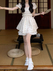 LIZAKOSHT - Summer Floral Sweet Mini Dress Women Square Collar Elegant Party Dress Style Office Lady One Piece Dress Korean Fashion