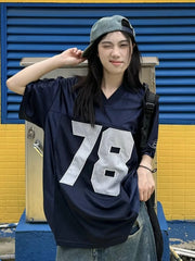 LIZAKOSHT - Y2k Sport Number Oversized T Shirt Women Short Sleeve V-neck Basketball Tees American Retro Hip Hop Harajuku Casual Tops