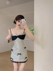 LIZAKOSHT - Women's New V-neck Bow Fashionable Solid Color Slim and High-end Birthday Suspender Dress