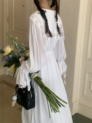 LIZAKOSHT - White Flare Sleeve Long Dress Lace Sweet V-Neck Chic 2024 Slim Cotton New Spring Office Lady Florals Gentle Casual