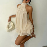 LIZAKOSHT - Beach Vacation Summer Ruffles Mini Sleeveless Dress Women's Fashion Solid Color Hanging Neck Open Back Pleated Dresses