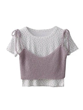 LIZAKOSHT - Women's Korean Sweet Style Small Floral O-neck Short -sleeved T-shirts+ Summer Bow Lace-up Suspenders Stacked Tops Two-piece Set