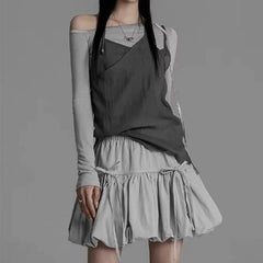 LIZAKOSHT - Korean Lace-up Pleated Mini Skirts Nylon Solid Ruffles Bowknot Short Dress Streetwear Loose A-line Skirts For Women 2024 Summer
