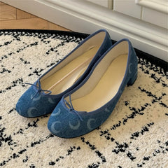 LIZAKOSHT - New Cute Moon Print Office lady Square Med Heels Shoes Women Lovely Ballet Style Shoes Denim blue Slip-on Pumps