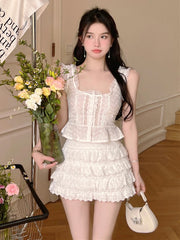 LIZAKOSHT  -  Summer Girl Sweet Fashion Two Piece Set Women Hotsweet Sexy Ruffles Tank Top + Skirt Sets Holiday Beach 2 Piece Suits