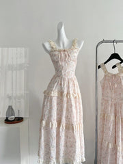 LIZAKOSHT  -  Summer French Elegant Mori Girl Style Long Dress Women Flying Sleeve Lace-Up Print Slim Dress Sweet Cute Casual Clothing