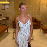 LIZAKOSHT - French Fashion Elegant Polka Dot Maxi Dress V-Neck Strap For Women Slim Fit Bodycon Long Dress Holiday Party Outfit