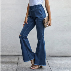 LIZAKOSHT - Women Vintage Tassel Solid Full Length Pants Hole Jeans Flared Pant Casual Elastic Waist Slim Loose Office Lady Denim Trousers