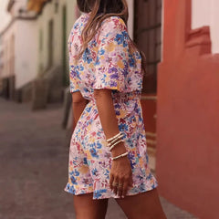 LIZAKOSHT - Daily street wear printed elastic waist design women's dress V-neck pullover short sleeved lace up beach leisure vacation dress