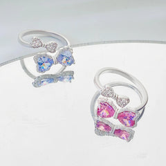 LIZAKOSHT - Pink White Zircon Rings Romantic Bowknot Shiny Ring for Women Girls Adjustable anillos Y2K Accessories Fashion Trend Party Gifts