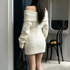  LIZAKOSHT - Women Off Shoulder Foldover Collar Cable Knit Sweater Dress Long Sleeve Slim Bodycon Mini Dress Fall Winter Knitted Party Dress