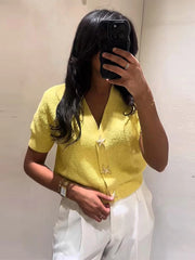 LIZAKOSHT - Knit Solid Women's Cardigan Fashion Loose Single-breasted Short Sleeve Female Sweater Summer V Neck Lady Knitwear 2025