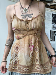 LIZAKOSHT - Vintage Print Ruffles Camisole y2k Aesthetic A Line Tie-up Tops for Women Summer Holiday Tank Top Cute Kawaii Clothes