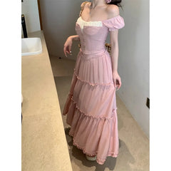 LIZAKOSHT - Summer New Square Neck Contrast Color Patchwork Sexy Short Sleeve T-shirt Women + Loose Pleated A-line Skirt Two-piece Suit