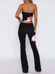 LIZAKOSHT - Fashion Patchwork 2 Piece Set Women Off Shoulder Backless Strapless Tops+Straight Pants Versatile Style Streetwear
