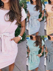 LIZAKOSHT - Casual Striped Women's T-irt Dr O-Ne ort Sve CleanFit H-Sle Midlife Autumn CiWalk Linen Blend Casual Gown