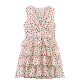 LIZAKOSHT - Sweet Beige Floral Print Cross Deep V neck Mini Sleeveless Dress Women Slim Waist Tierred Ruffles Cake Dresses A-lined Robe