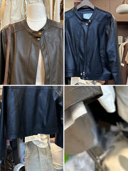 LIZAKOSHT - Autumn New Korean Version Loose Round Neck Retro Commuting Casual Versatile Jacket Leather Jacket for Women