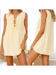 LIZAKOSHT - Women s Casual Sleeveless V-Neck Mini Dress with Front Tie Detail and Pleated Skirt for Summer Beach Party