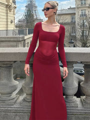 LIZAKOSHT - 2025 Autumn Mesh Patchwork Ruched Long Dress Women's Elegant Long Sleeve Slim Evening Dresses Party Prom Gown Streetwear