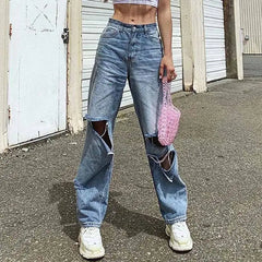 LIZAKOSHT - Women Fashion Harajuku Harem Korean Wide Leg Trousers Casual Ripped Hole Jeans Straight Denim Pants High Waist Streetwear