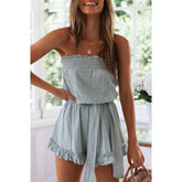 LIZAKOSHT - Women's Off Shoulder Ruffle Romper Casual Cotton Linen Belted Jumpsuit Shorts for Summer