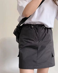LIZAKOSHT - Women Elastic Adjust Drawstring Rope Ruched High Waist Skirts Y2K Pockets on Side Cargo Mini Safari Skirt American Retro