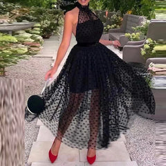 LIZAKOSHT - Elegant Female Night Party Hater Long Dress Fashion Polka Dot Slim Transparent Dress Women Sexy Halter Sleeveless A-line Dress