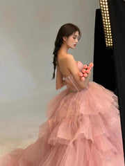 LIZAKOSHT - Sweet Pink Prom Dresses Flounce Applique Tulle Sleeveless Woman Ribbon Ball Gown Bridesmaid Plus Size Party Evening Gowns 2024