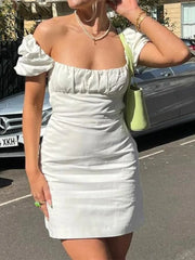 LIZAKOSHT - Sexy Ruched Chest Square Collar Puff Sleeve Cross Lacing up Big Backless Dress Women Mini Party Dresses Holiday Robe White