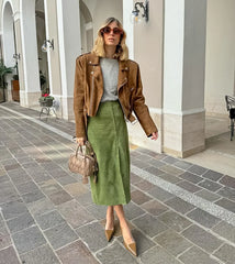 LIZAKOSHT - Green Suede Half length Skirt for Women's Autumn New High Waist Slim Straight Leg Skirt Medium to Long Women's Wear