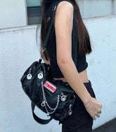 LIZAKOSHT - Hot Girls Black Shoulder Bag Women Vintage Grunge Leather Casual Tote Bag Ladies Retro Moto Biker Y2k Handbag Aesthetic