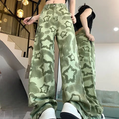LIZAKOSHT - Green Print Women Pants Streetwear Spring Autumn Y2k Pantalones Mujer Fashion Vintage Loose Hiphop Trousers