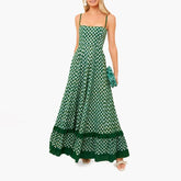 LIZAKOSHT - Boho Beach Vintage Plaid A-line Dress Checkerboard Print Ruffles Trim Flowy Dress Women Spaghetti Strap Maxi Dress