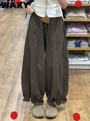 LIZAKOSHT - Casual Sweet Bloomers Pants Women High Waist Loose Vintage Ruffle Wide Leg Trouser All Match Lace Up Solid Harajuku Harem Pants