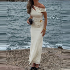 LIZAKOSHT - Temperament Slash Collar Hollow Out Bodycon Dress Fashion Solid Color Shawl Sleeve Party Dress Elegant Lady Beach Vacation Dress