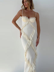 LIZAKOSHT - Women Elegant Ruffle Patchwork Sling Maxi Dress Fashion Backless Sleeveless Split Bodycon Dresses 2024 Lady Party Evening Robes