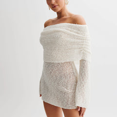 LIZAKOSHT - Sexy Women Bodycon Knitted Mini Dress Elegant Lady Boat Neck Off Shoulder Long Sleeve Casual Fuzzy Short Dress Party Cub