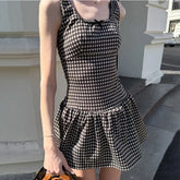 LIZAKOSHT - Women Plaid Printed Square Collar Sleeveless High Waisted Bow Patchwork Backless Simple Style Cute Sling Pleated Tank Dress
