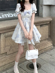 LIZAKOSHT - Summer Floral Elegant Mini Dress Women Square Collar Office Lady Dress Party Style Casual One Piece Dress Korean Fashion