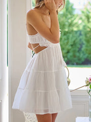 LIZAKOSHT - Women Solid Color A-line Dress Summer Spaghetti Straps Backless Tie-up Hollowed Out Mini Dresses Beach Travel Sundress Fairycore