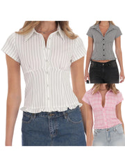 LIZAKOSHT - Women s Blouse Casual Short Sleeve Checkered Striped Shirt with Button Closure Fit Summer Top for Street Style Fashion