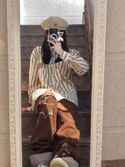 LIZAKOSHT  -  Women's Brown Straps Jeans Straight Vintage Baggy Casual Fashion Wide Leg Pants Self Cultivation Denim Trouser Ladies