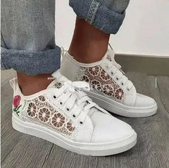 LIZAKOSHT - NEW Summer Casual White Shoes Cutouts Lace Canvas Hollow Breathable Platform Flat Shoes Woman Sneakers Women Shoes